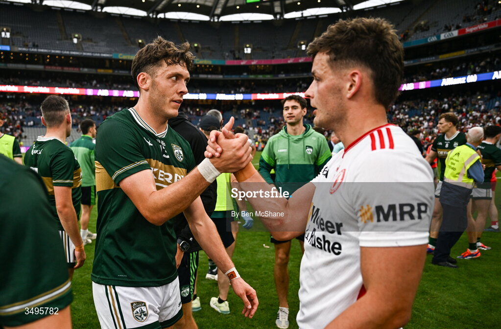 27 June 2026; David Clifford of Kerry with Michael McKernan of Tyrone after the GAA Football All-Ireland Senior Championship quarter-final match between Kerry and Tyrone at Croke Park in Dublin. Photo by Ben McShane/Sportsfile