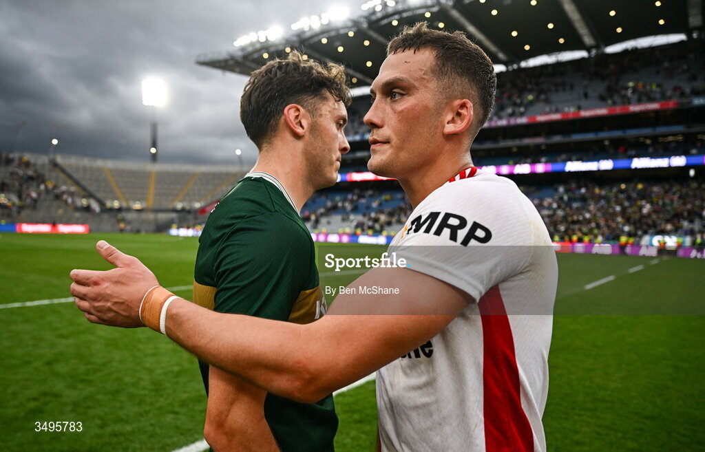 27 June 2026; David Clifford of Kerry with Conn Kilpatrick of Tyrone after the GAA Football All-Ireland Senior Championship quarter-final match between Kerry and Tyrone at Croke Park in Dublin. Photo by Ben McShane/Sportsfile