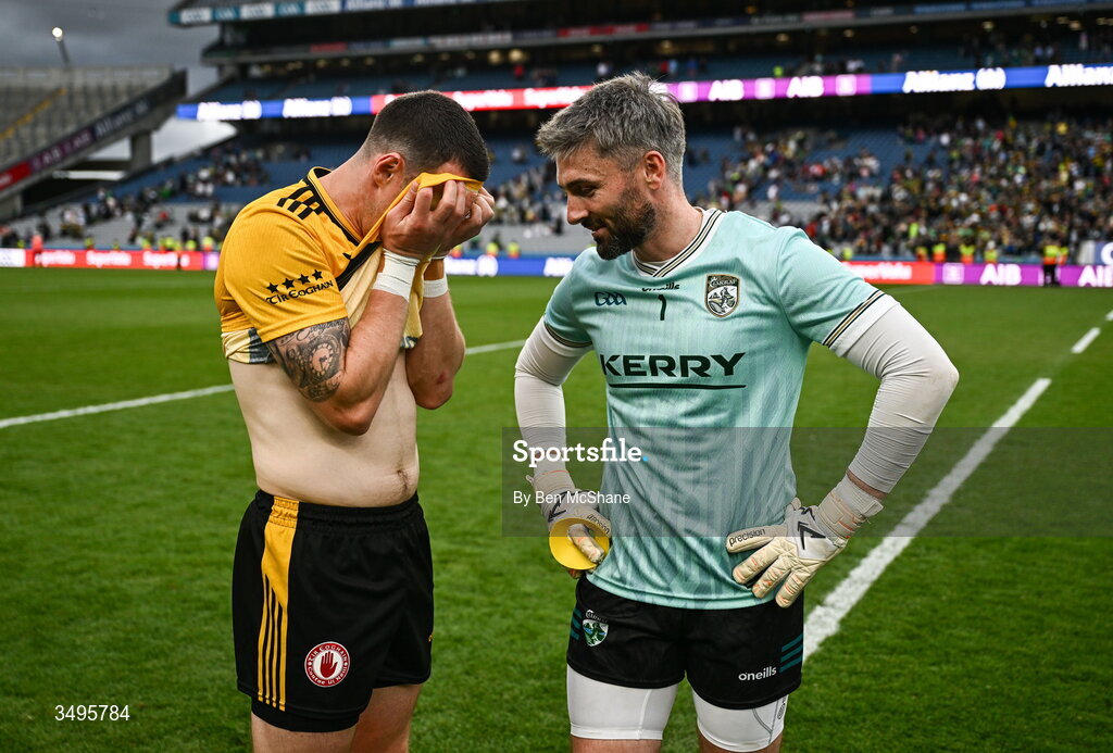 27 June 2026; Kerry goalkeeper Shane Murphy, right, with Tyrone goalkeeper Niall Morgan after the GAA Football All-Ireland Senior Championship quarter-final match between Kerry and Tyrone at Croke Park in Dublin. Photo by Ben McShane/Sportsfile