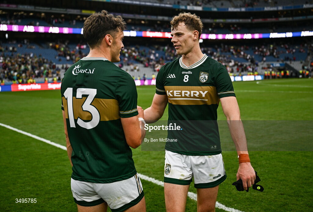 27 June 2026; Mark O'Shea, right, with David Clifford of Kerry after the GAA Football All-Ireland Senior Championship quarter-final match between Kerry and Tyrone at Croke Park in Dublin. Photo by Ben McShane/Sportsfile