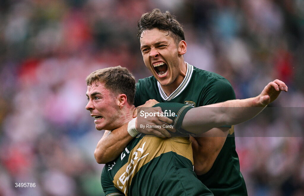 27 June 2026; Armin Heinrich, left, and David Clifford of Kerry celebrate at the final whistle of the GAA Football All-Ireland Senior Championship quarter-final match between Kerry and Tyrone at Croke Park in Dublin. Photo by Ramsey Cardy/Sportsfile