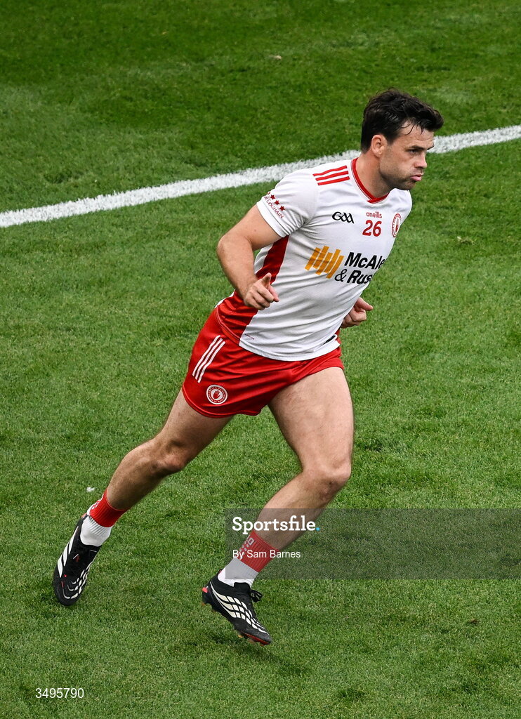 27 June 2026; Darren McCurry of Tyrone celebrates a score during the GAA Football All-Ireland Senior Championship quarter-final match between Kerry and Tyrone at Croke Park in Dublin. Photo by Sam Barnes/Sportsfile