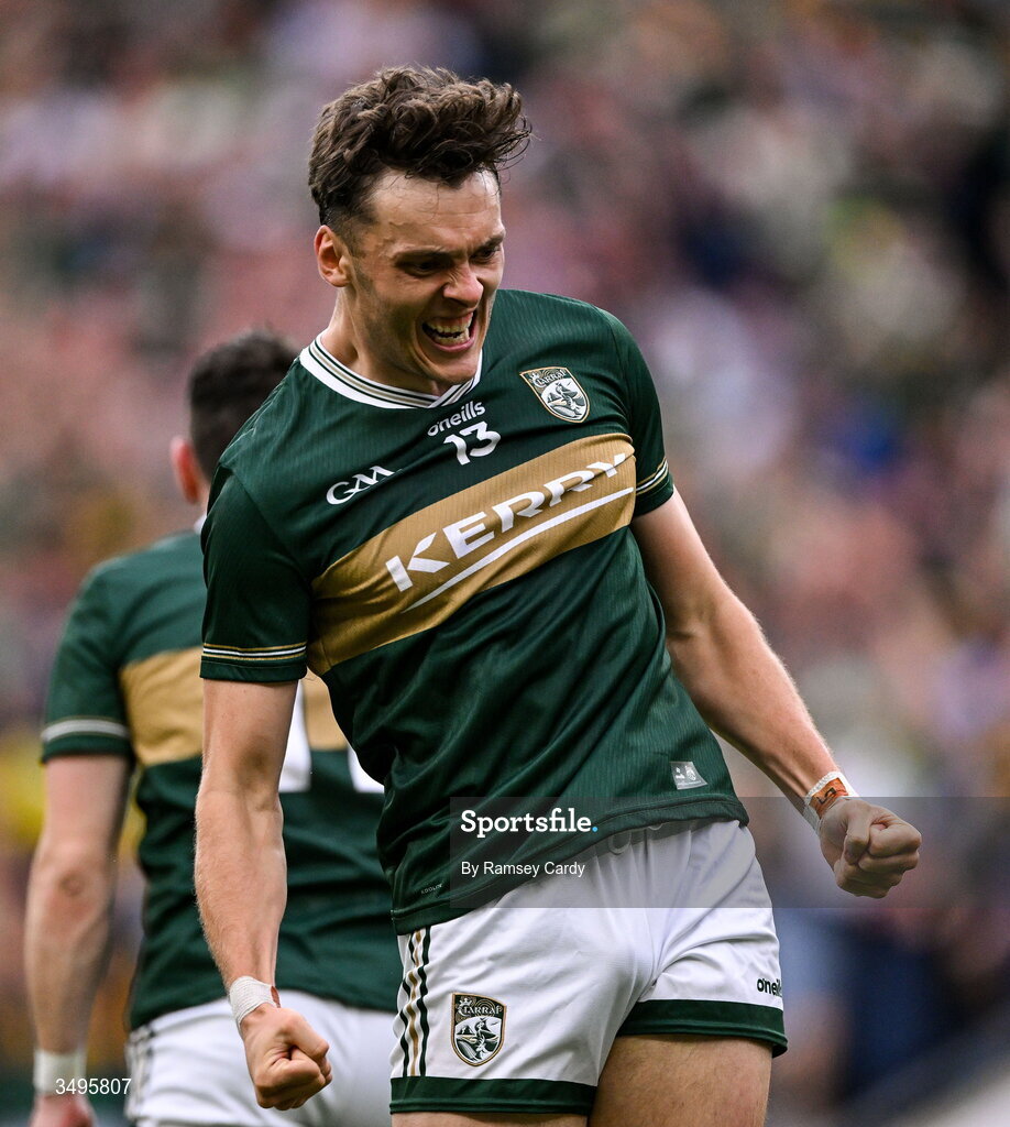 27 June 2026; David Clifford of Kerry celebrates at the final whistle of the GAA Football All-Ireland Senior Championship quarter-final match between Kerry and Tyrone at Croke Park in Dublin. Photo by Ramsey Cardy/Sportsfile