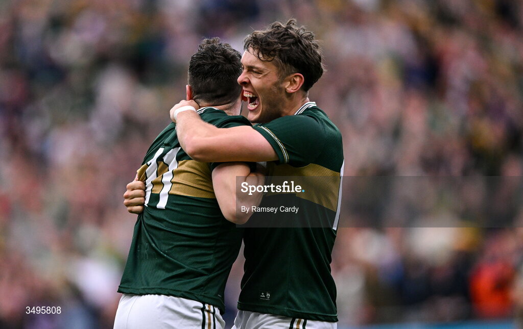 27 June 2026; David Clifford, right, and Paudie Clifford of Kerry celebrate at the final whistle of the GAA Football All-Ireland Senior Championship quarter-final match between Kerry and Tyrone at Croke Park in Dublin. Photo by Ramsey Cardy/Sportsfile