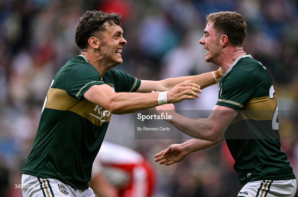 27 June 2026; Armin Heinrich, right, and David Clifford of Kerry celebrate at the final whistle of the GAA Football All-Ireland Senior Championship quarter-final match between Kerry and Tyrone at Croke Park in Dublin. Photo by Ramsey Cardy/Sportsfile