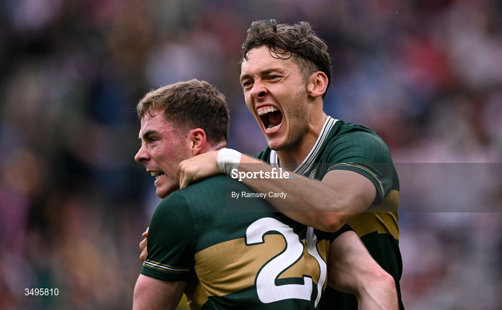 27 June 2026; Armin Heinrich, left, and David Clifford of Kerry celebrate at the final whistle of the GAA Football All-Ireland Senior Championship quarter-final match between Kerry and Tyrone at Croke Park in Dublin. Photo by Ramsey Cardy/Sportsfile