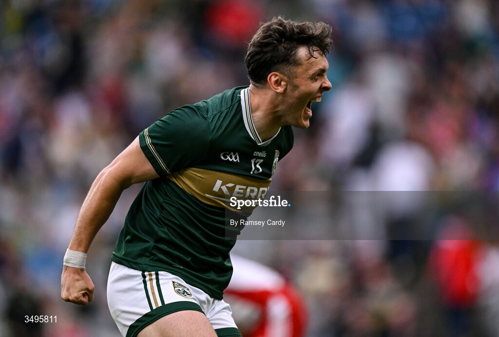27 June 2026; David Clifford of Kerry celebrates at the final whistle of the GAA Football All-Ireland Senior Championship quarter-final match between Kerry and Tyrone at Croke Park in Dublin. Photo by Ramsey Cardy/Sportsfile