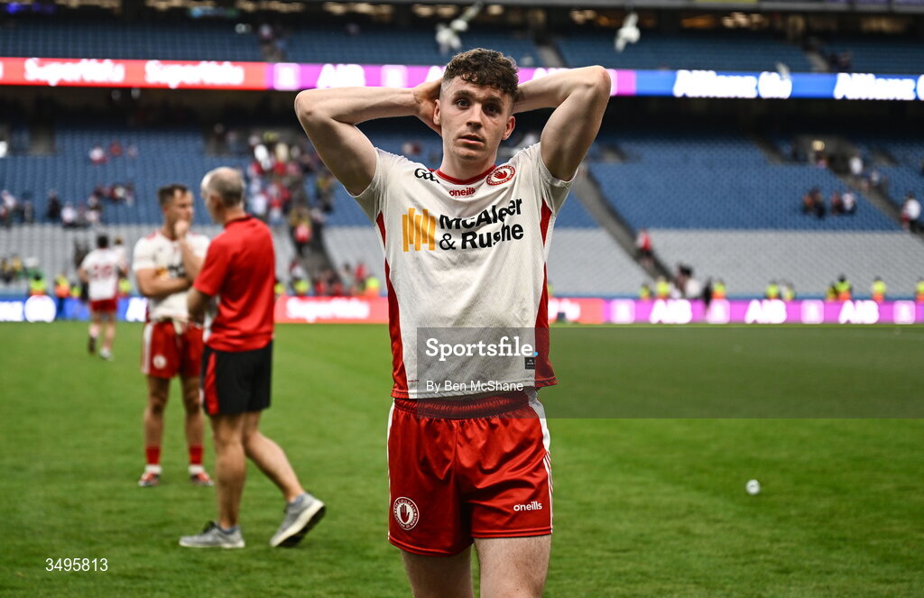 27 June 2026; Eoin McElholm of Tyrone reacts after his side's defeat in the GAA Football All-Ireland Senior Championship quarter-final match between Kerry and Tyrone at Croke Park in Dublin. Photo by Ben McShane/Sportsfile
