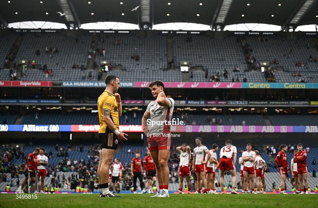 27 June 2026; Michael McKernan of Tyrone, right, and Tyrone goalkeeper Niall Morgan react after their side's defeat in the GAA Football All-Ireland Senior Championship quarter-final match between Kerry and Tyrone at Croke Park in Dublin. Photo by Ben McShane/Sportsfile