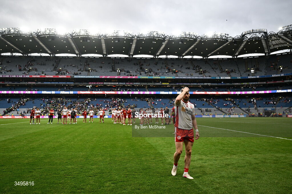 27 June 2026; Mattie Donnelly of Tyrone reacts after his side's defeat in the GAA Football All-Ireland Senior Championship quarter-final match between Kerry and Tyrone at Croke Park in Dublin. Photo by Ben McShane/Sportsfile