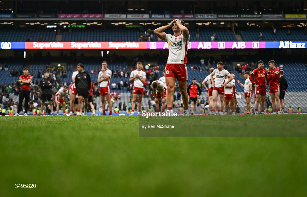 27 June 2026; Michael McKernan of Tyrone reacts after his side's defeat in the GAA Football All-Ireland Senior Championship quarter-final match between Kerry and Tyrone at Croke Park in Dublin. Photo by Ben McShane/Sportsfile