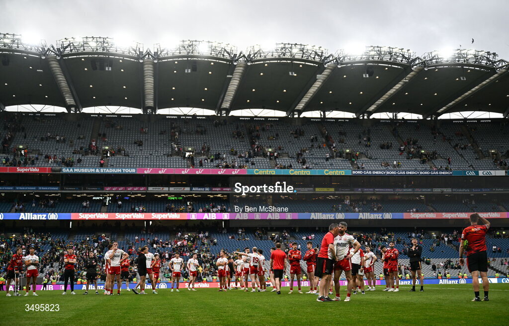 27 June 2026; Tyrone players react after their defeat in the GAA Football All-Ireland Senior Championship quarter-final match between Kerry and Tyrone at Croke Park in Dublin. Photo by Ben McShane/Sportsfile