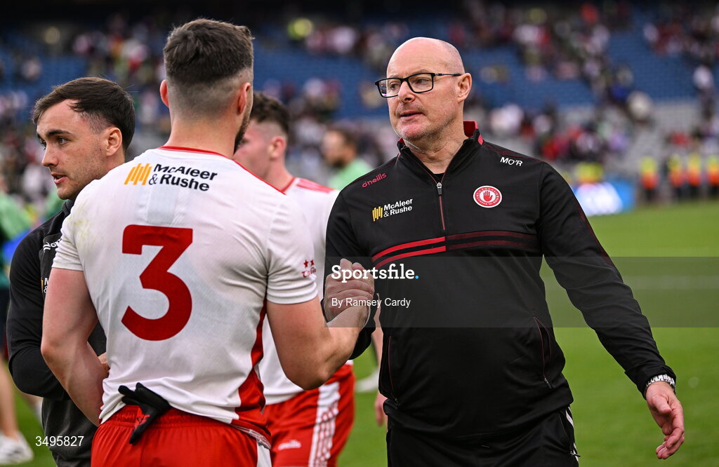 27 June 2026; Tyrone manager Malachy O'Rourke and Peter Teague after their side's defeat in the GAA Football All-Ireland Senior Championship quarter-final match between Kerry and Tyrone at Croke Park in Dublin. Photo by Ramsey Cardy/Sportsfile