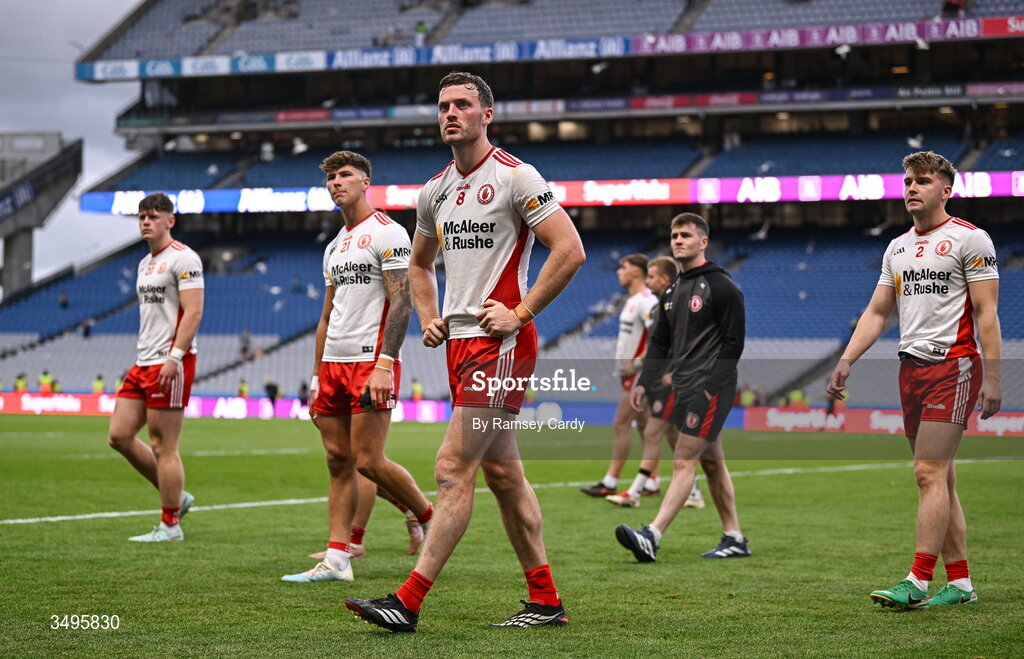 27 June 2026; Brian Kennedy of Tyrone after his side's defeat in the GAA Football All-Ireland Senior Championship quarter-final match between Kerry and Tyrone at Croke Park in Dublin. Photo by Ramsey Cardy/Sportsfile