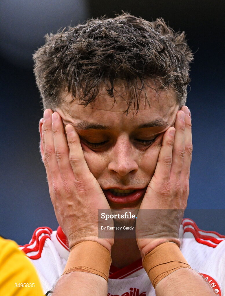 27 June 2026; Michael McKernan of Tyrone after his side's defeat in the GAA Football All-Ireland Senior Championship quarter-final match between Kerry and Tyrone at Croke Park in Dublin. Photo by Ramsey Cardy/Sportsfile