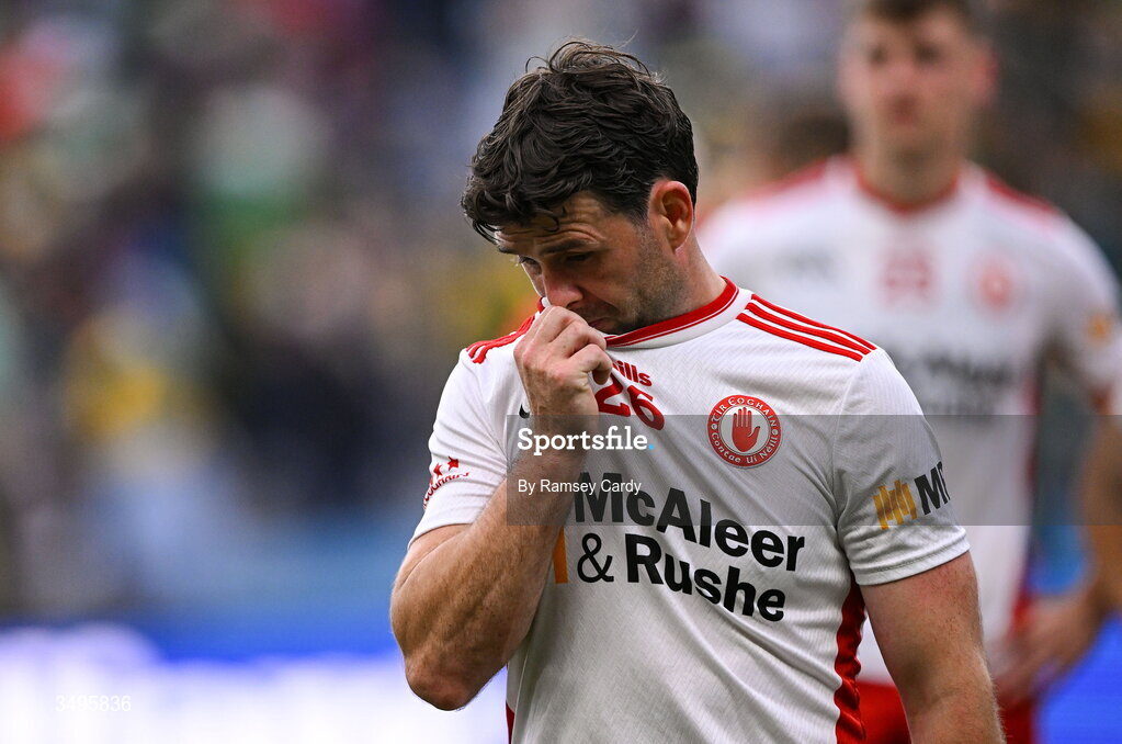 27 June 2026; Darren McCurry of Tyrone after his side's defeat in the GAA Football All-Ireland Senior Championship quarter-final match between Kerry and Tyrone at Croke Park in Dublin. Photo by Ramsey Cardy/Sportsfile