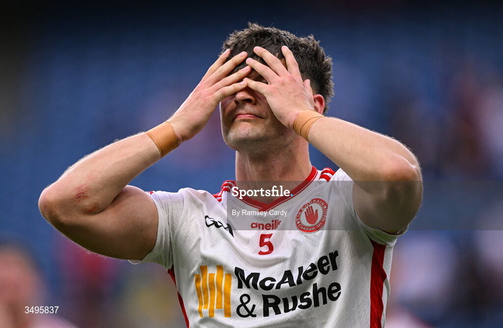 27 June 2026; Michael McKernan of Tyrone after his side's defeat in the GAA Football All-Ireland Senior Championship quarter-final match between Kerry and Tyrone at Croke Park in Dublin. Photo by Ramsey Cardy/Sportsfile