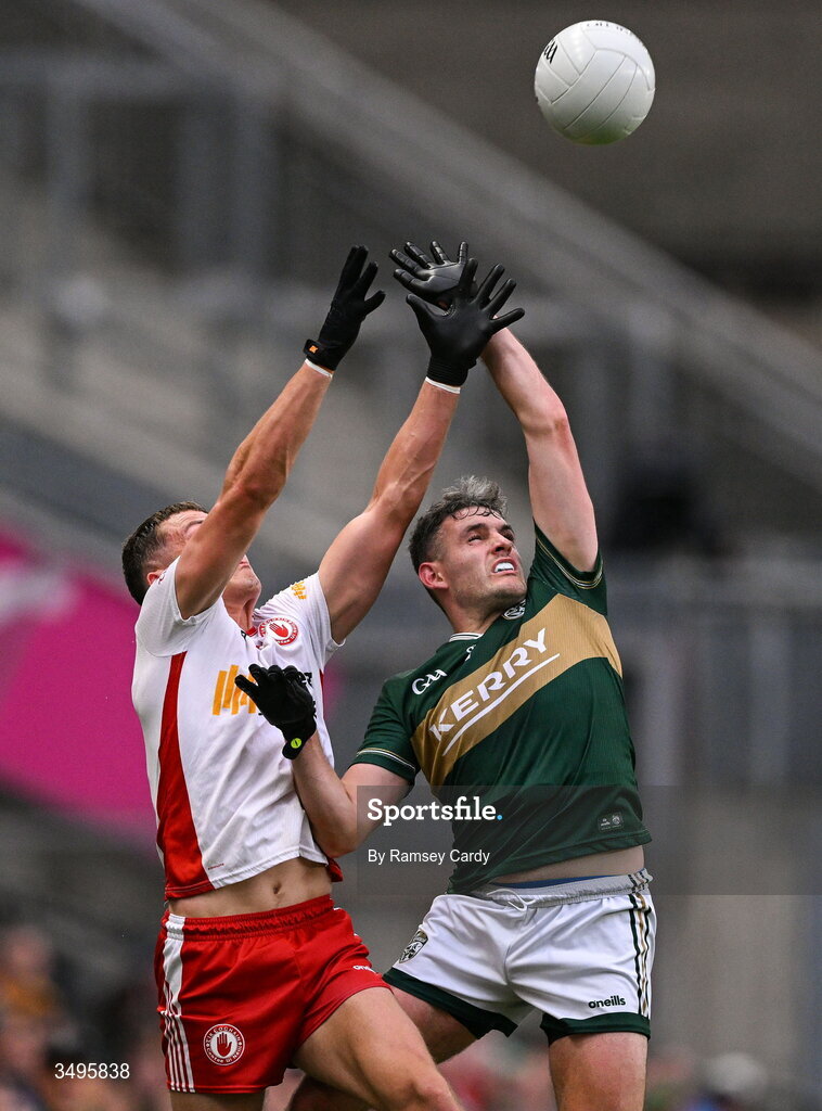 27 June 2026; Conn Kilpatrick of Tyrone in action against Graham O'Sullivan of Kerry during the GAA Football All-Ireland Senior Championship quarter-final match between Kerry and Tyrone at Croke Park in Dublin. Photo by Ramsey Cardy/Sportsfile