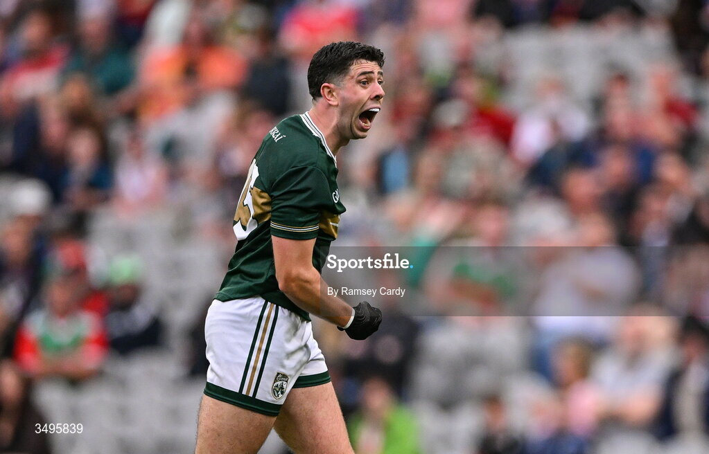 27 June 2026; Dylan Geaney of Kerry celebrates after a two-point score during the GAA Football All-Ireland Senior Championship quarter-final match between Kerry and Tyrone at Croke Park in Dublin. Photo by Ramsey Cardy/Sportsfile