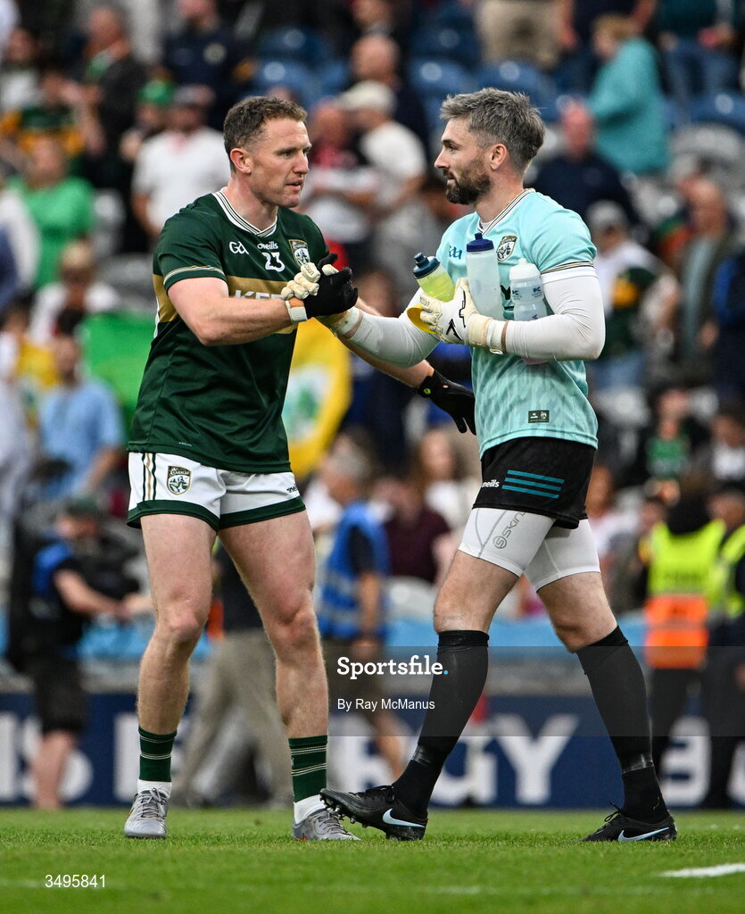 27 June 2026; Kerry goalkeeper Shane Murphy and Tadhg Morley  celebrate after the GAA Football All-Ireland Senior Championship quarter-final match between Kerry and Tyrone at Croke Park in Dublin. Photo by Ray McManus/Sportsfile