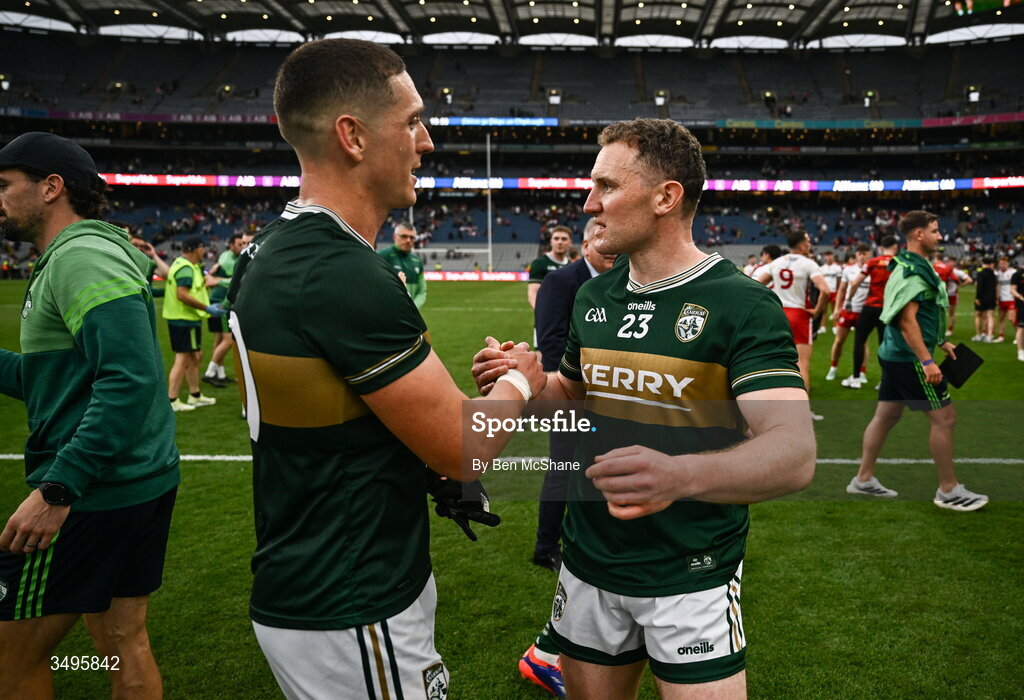 27 June 2026; Joe O'Connor, left, and Tadhg Morley  of Kerry after the GAA Football All-Ireland Senior Championship quarter-final match between Kerry and Tyrone at Croke Park in Dublin. Photo by Ben McShane/Sportsfile