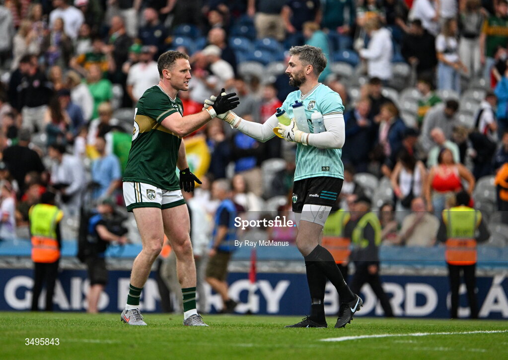 27 June 2026; Kerry goalkeeper Shane Murphy and Tadhg Morley  celebrate after the GAA Football All-Ireland Senior Championship quarter-final match between Kerry and Tyrone at Croke Park in Dublin. Photo by Ray McManus/Sportsfile