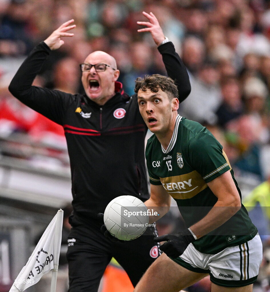 27 June 2026; David Clifford of Kerry, as Tyrone manager Malachy O'Rourke reacts, during the GAA Football All-Ireland Senior Championship quarter-final match between Kerry and Tyrone at Croke Park in Dublin. Photo by Ramsey Cardy/Sportsfile