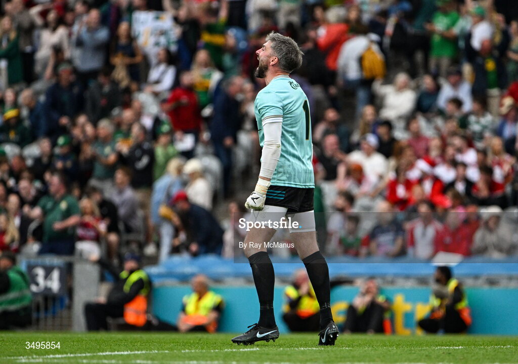 27 June 2026; Kerry goalkeeper Shane Murphy celebrates at the final hooter of the GAA Football All-Ireland Senior Championship quarter-final match between Kerry and Tyrone at Croke Park in Dublin. Photo by Ray McManus/Sportsfile