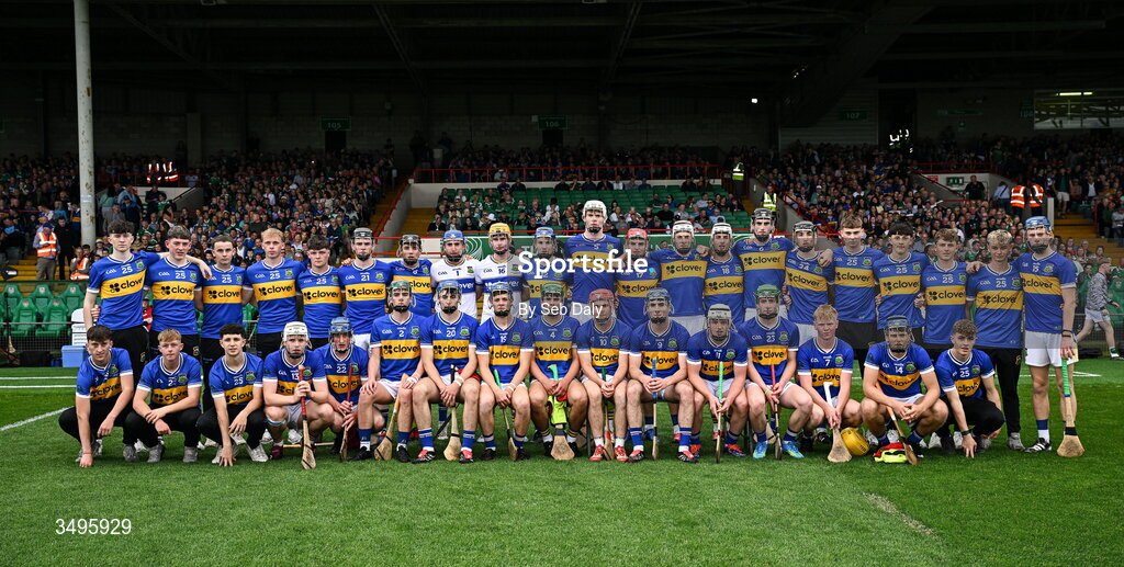 27 June 2026; The Tipperary panel before the Electric Ireland All-Ireland Minor Hurling Championship final match between Limerick and Tipperary at TUS Gaelic Grounds in Limerick. Photo by Seb Daly/Sportsfile