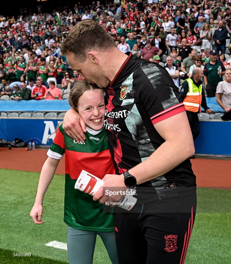 27 June 2026; Mayo manager Andy Moran celebrates with his daughter Charlotte after the GAA Football All-Ireland Senior Championship quarter-final match between Cork and Mayo at Croke Park in Dublin. Photo by Ramsey Cardy/Sportsfile