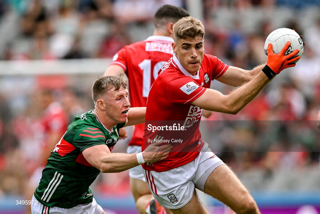 27 June 2026; Ian Maguire of Cork in action against Ryan O'Donoghue of Mayo during the GAA Football All-Ireland Senior Championship quarter-final match between Cork and Mayo at Croke Park in Dublin. Photo by Ramsey Cardy/Sportsfile