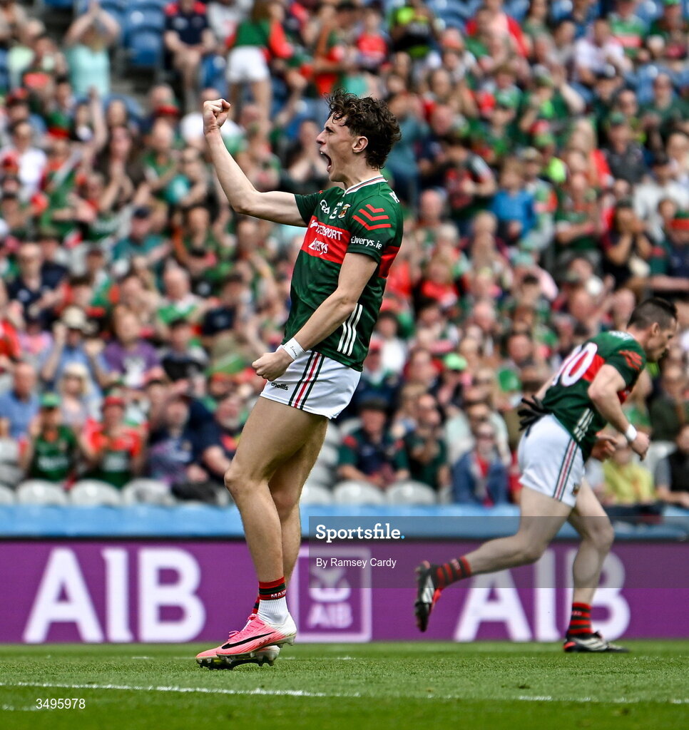 27 June 2026; Kobe McDonald of Mayo celebrates after scoring his side's opening point during the GAA Football All-Ireland Senior Championship quarter-final match between Cork and Mayo at Croke Park in Dublin. Photo by Ramsey Cardy/Sportsfile