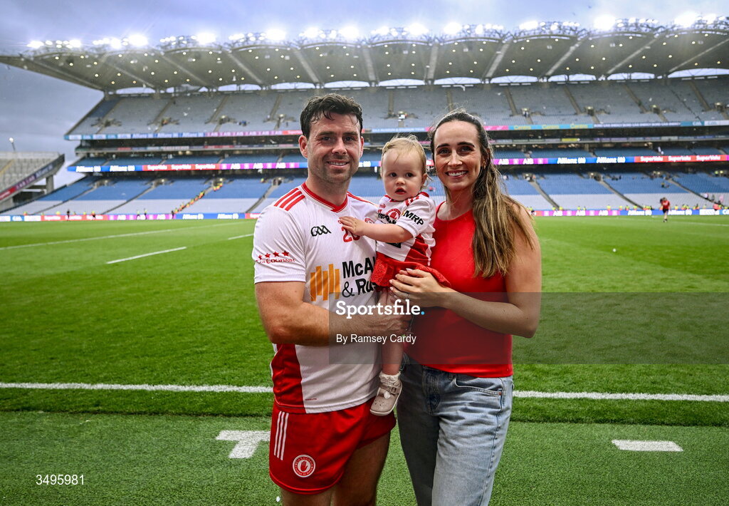 27 June 2026; Darren McCurry of Tyrone with his wife Ria, and daughter Renn, after the GAA Football All-Ireland Senior Championship quarter-final match between Kerry and Tyrone at Croke Park in Dublin. Photo by Ramsey Cardy/Sportsfile