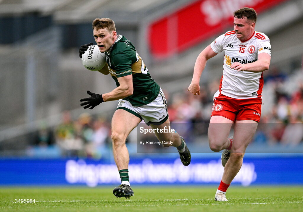 27 June 2026; Gavin White of Kerry in action against Ethan Jordan of Tyrone during the GAA Football All-Ireland Senior Championship quarter-final match between Kerry and Tyrone at Croke Park in Dublin. Photo by Ramsey Cardy/Sportsfile