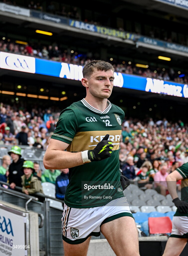 27 June 2026; Diarmuid O'Connor of Kerry runs out for the second half of the GAA Football All-Ireland Senior Championship quarter-final match between Kerry and Tyrone at Croke Park in Dublin. Photo by Ramsey Cardy/Sportsfile