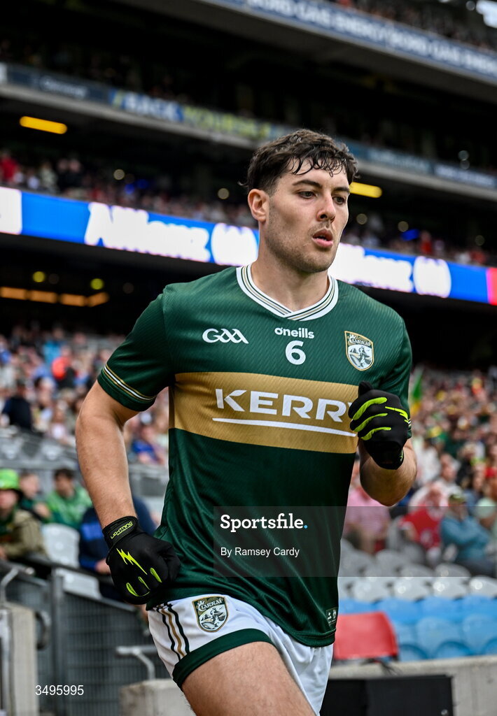27 June 2026; Mike Breen of Kerry runs out for the second half of the GAA Football All-Ireland Senior Championship quarter-final match between Kerry and Tyrone at Croke Park in Dublin. Photo by Ramsey Cardy/Sportsfile