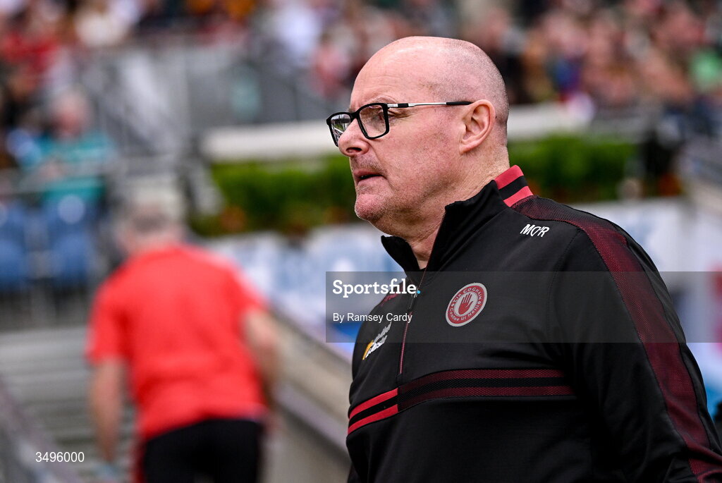 27 June 2026; Tyrone manager Malachy O'Rourke runs out for the second half of the GAA Football All-Ireland Senior Championship quarter-final match between Kerry and Tyrone at Croke Park in Dublin. Photo by Ramsey Cardy/Sportsfile