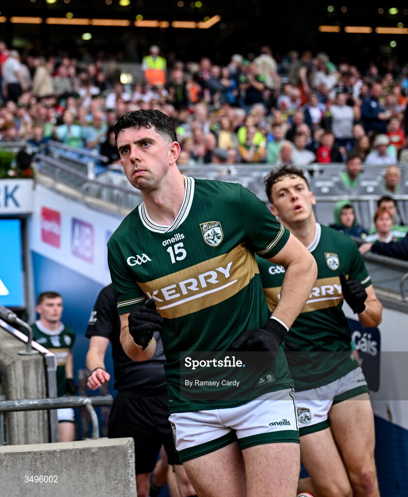 27 June 2026; Dylan Geaney of Kerry runs out for the second half of the GAA Football All-Ireland Senior Championship quarter-final match between Kerry and Tyrone at Croke Park in Dublin. Photo by Ramsey Cardy/Sportsfile