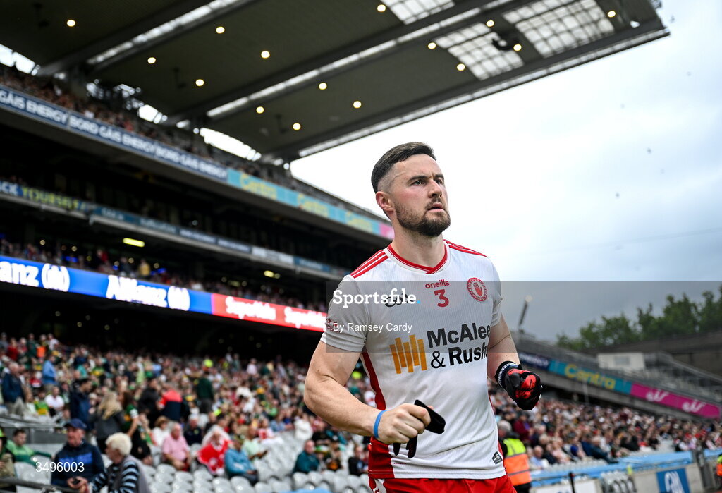 27 June 2026; Peter Teague of Tyrone runs out for the second half of the GAA Football All-Ireland Senior Championship quarter-final match between Kerry and Tyrone at Croke Park in Dublin. Photo by Ramsey Cardy/Sportsfile