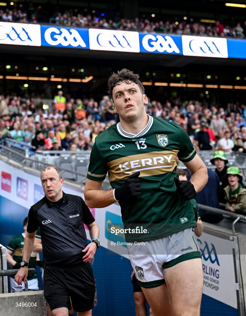 27 June 2026; David Clifford of Kerry runs out for the second half of the GAA Football All-Ireland Senior Championship quarter-final match between Kerry and Tyrone at Croke Park in Dublin. Photo by Ramsey Cardy/Sportsfile