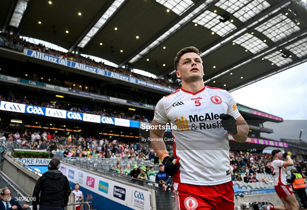 27 June 2026; Michael McKernan of Tyrone runs out for the second half of the GAA Football All-Ireland Senior Championship quarter-final match between Kerry and Tyrone at Croke Park in Dublin. Photo by Ramsey Cardy/Sportsfile