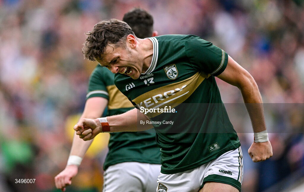 27 June 2026; David Clifford of Kerry celebrates at the final whistle of the GAA Football All-Ireland Senior Championship quarter-final match between Kerry and Tyrone at Croke Park in Dublin. Photo by Ramsey Cardy/Sportsfile