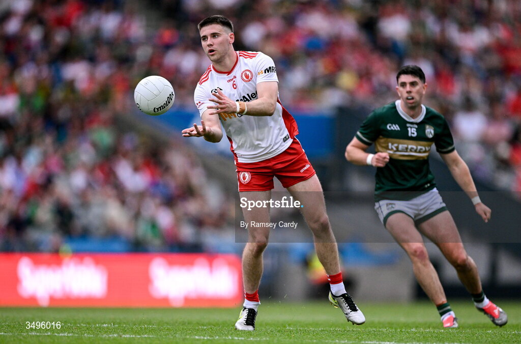 27 June 2026; Niall Devlin of Tyrone during the GAA Football All-Ireland Senior Championship quarter-final match between Kerry and Tyrone at Croke Park in Dublin. Photo by Ramsey Cardy/Sportsfile