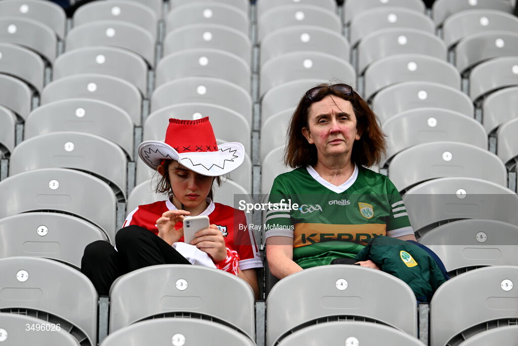 27 June 2026; Mother and daughter, Amy, from Kanturk, and Margaret Ahern, origionally from Abbeydorne, in the Cusack Stand before the GAA Football All-Ireland Senior Championship quarter-final match between Cork and Mayo at Croke Park in Dublin. Photo by Ray McManus/Sportsfile