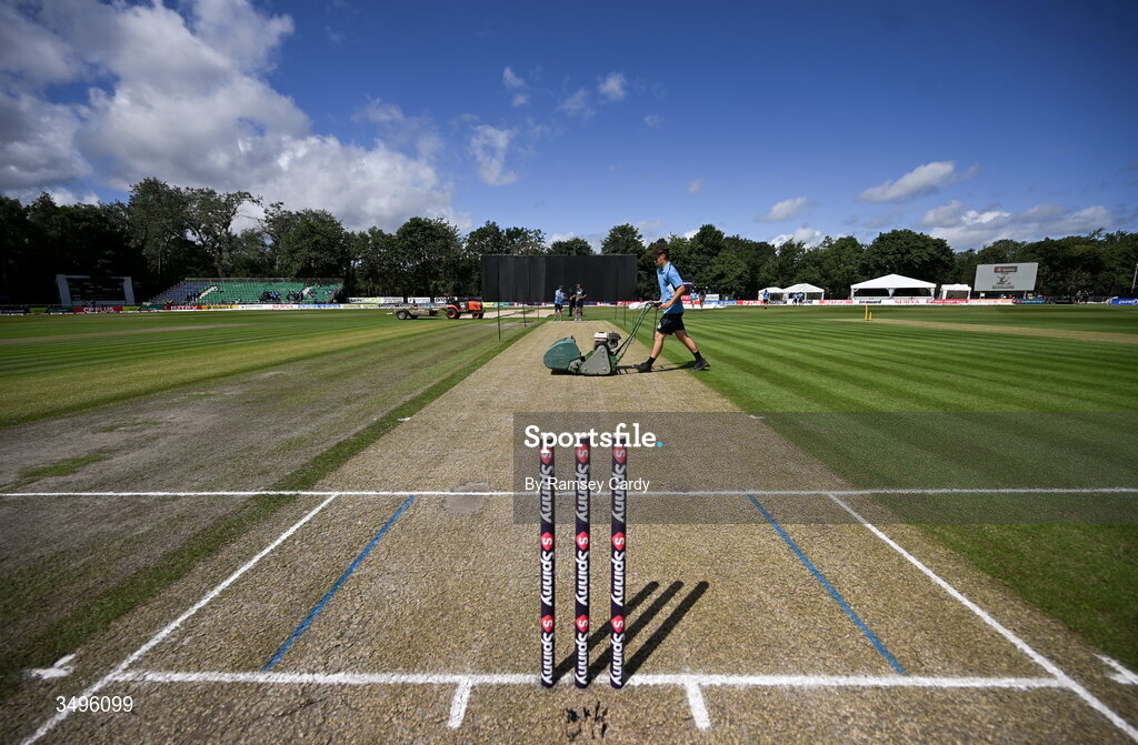 28 June 2026; The wicket is prepared before match two of the Spinny Cup Men's T20 International series between Ireland and India at Stormont in Belfast.  Photo by Ramsey Cardy/Sportsfile