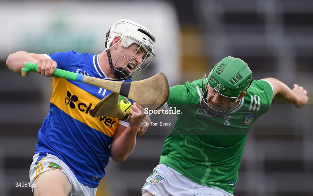 27 June 2026; Conall Morrisson of Tipperary is tackled by William Ryan of Limerick during the Electric Ireland All-Ireland Minor Hurling Championship final match between Limerick and Tipperary at TUS Gaelic Grounds in Limerick. Photo by Tom Beary/Sportsfile