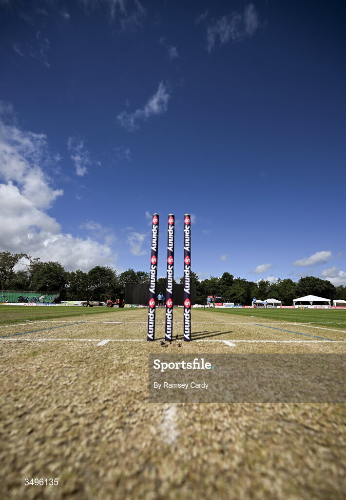 28 June 2026; A general view of the stumps before match two of the Spinny Cup Men's T20 International series between Ireland and India at Stormont in Belfast.  Photo by Ramsey Cardy/Sportsfile