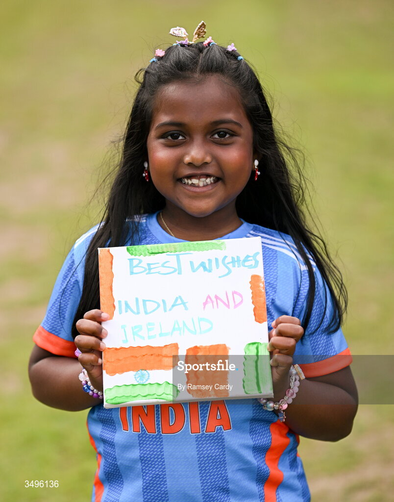 28 June 2026; An India supporter before match two of the Spinny Cup Men's T20 International series between Ireland and India at Stormont in Belfast.  Photo by Ramsey Cardy/Sportsfile