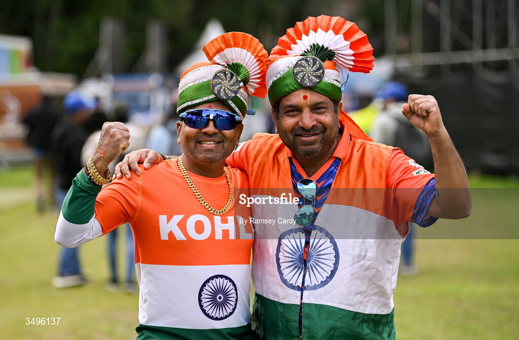 28 June 2026; India supporters before match two of the Spinny Cup Men's T20 International series between Ireland and India at Stormont in Belfast.  Photo by Ramsey Cardy/Sportsfile