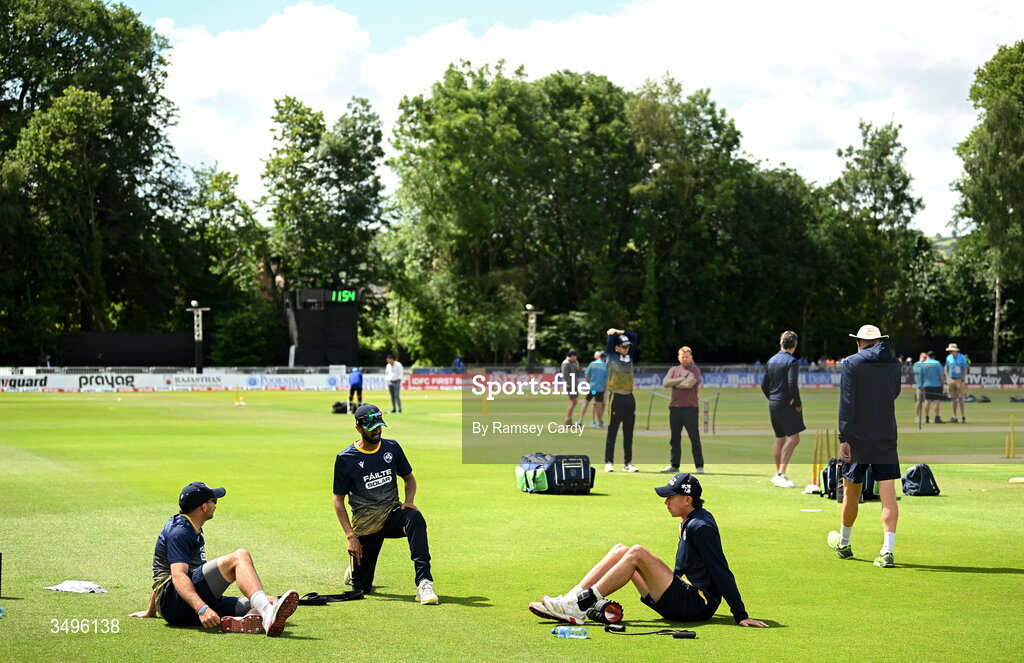 28 June 2026; Ireland players warm-up before match two of the Spinny Cup Men's T20 International series between Ireland and India at Stormont in Belfast.  Photo by Ramsey Cardy/Sportsfile
